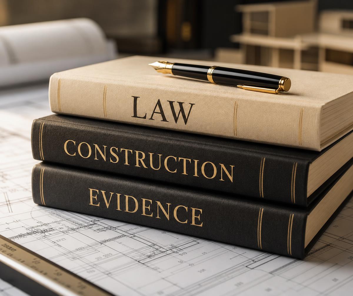 Bound volumes marked Law, Construction and Evidence resting on architectural drawings